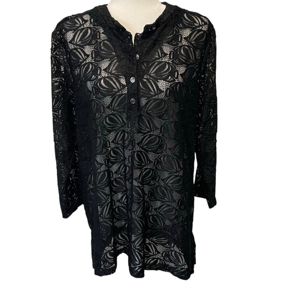 Lulu-B Mesh Lace Black Top Cover Up Sz XL Popover Fish Pattern Resort Coastal